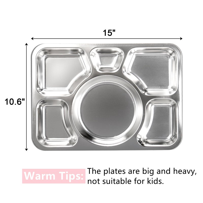 Hacaroa 4 Pack Stainless Steel Divided Dinner Plates  15x10.6 Inches Snack Serving Plate with 6 Compartment  Metal Food Trays for Adults  Diet Food Portion Control  Picky Eaters - Image 2