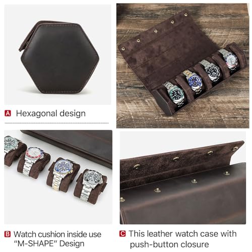 CONTACTS Watch Travel Case Leather Watch Box 4 Slot Hexagon Watches Roll for Men Watch Storage Organizer Watch Holder (for 4 Pcs Watch) - Image 2