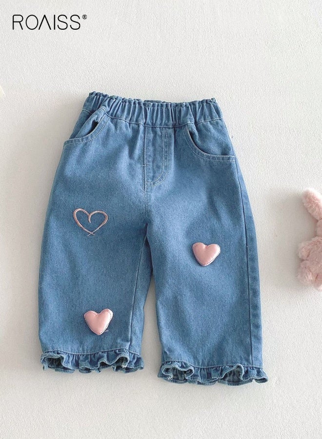 رويس بنطلون جينز فضفاض للفتيات مع جيبين جانبيين وحافة مزركشة، بنطلون جينز بخصر مطاطي وأرجل مستقيمة، بنطلون أنيق ومتعدد الاستخدامات للفتيات، مناسب للارتداء اليومي والمناسبات الأخرى - Image 1