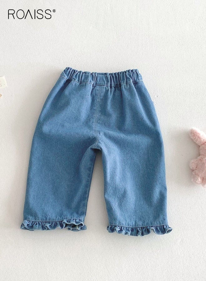 رويس بنطلون جينز فضفاض للفتيات مع جيبين جانبيين وحافة مزركشة، بنطلون جينز بخصر مطاطي وأرجل مستقيمة، بنطلون أنيق ومتعدد الاستخدامات للفتيات، مناسب للارتداء اليومي والمناسبات الأخرى - Image 2