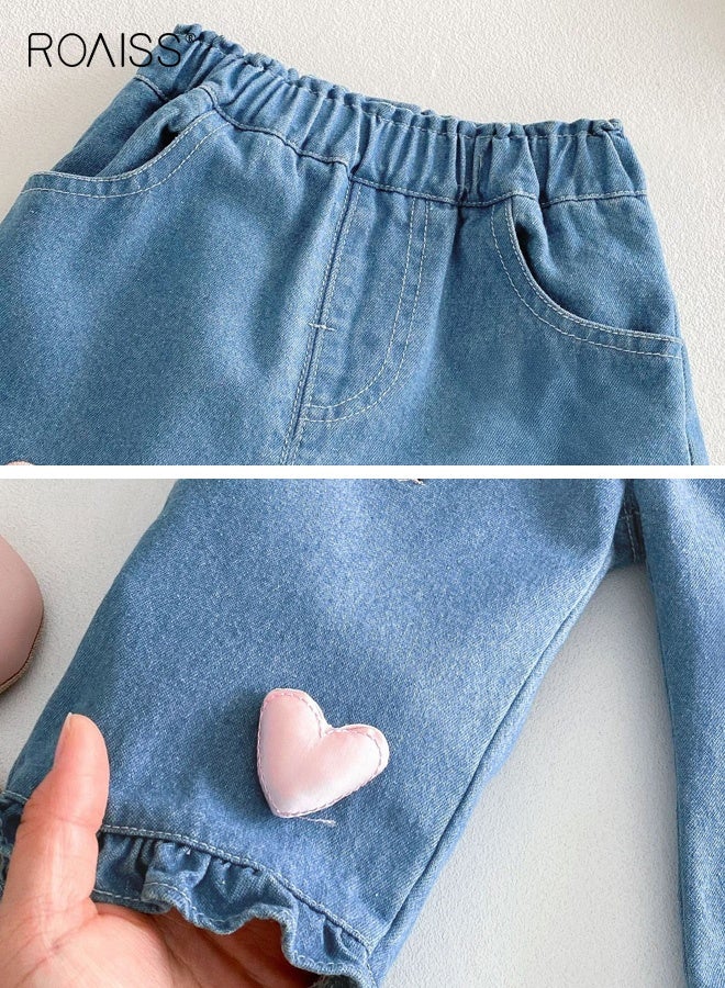 رويس بنطلون جينز فضفاض للفتيات مع جيبين جانبيين وحافة مزركشة، بنطلون جينز بخصر مطاطي وأرجل مستقيمة، بنطلون أنيق ومتعدد الاستخدامات للفتيات، مناسب للارتداء اليومي والمناسبات الأخرى - Image 3