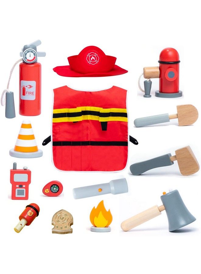 umu Firefighter Costume For Kids 14 Pcs Pretend Toy Wooden Fireman Role Play Firefighter Accessories With Fire Extinguisher And Hydrant Fireman Costume Kit For Kids 3 4 5+ Toddlers Boys & Girls - Image 1