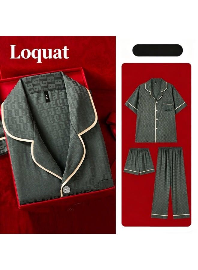 Summer lounging and sleepwear set for men 3-piece soft cotton blend pajamas with notch collar top elastic waist shorts and full-length pants durable jacquard weave dark green - Image 1