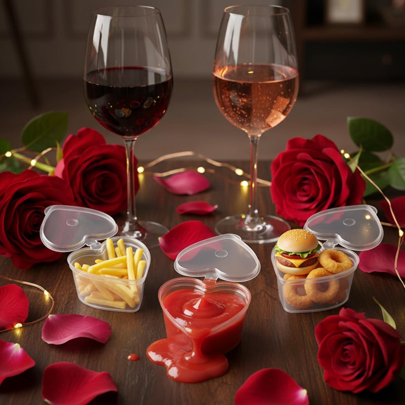 CHENGU 25 Sets 1.5 oz Heart Shaped Disposable Sauce Cups with Lids Heart Shaped Slime Storage Containers Clear Plastic Storage Container Reusable Seasoning Portion Dispenser Cups for Valentine's Day - Image 3