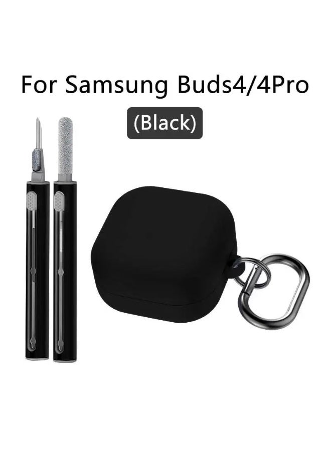 for  Samsung Galaxy Buds4/4Pro silicone earphone protective case, comes with cleaning brush and carabiner, supports wireless charging (black) - Image 1