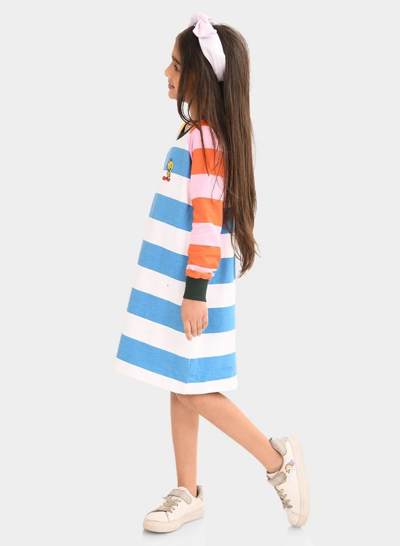 Bonkids Regular Fit Printed Multicolour Cotton Dresses For Girls Round Neck Flat Collar Pull On 100 % Cotton
