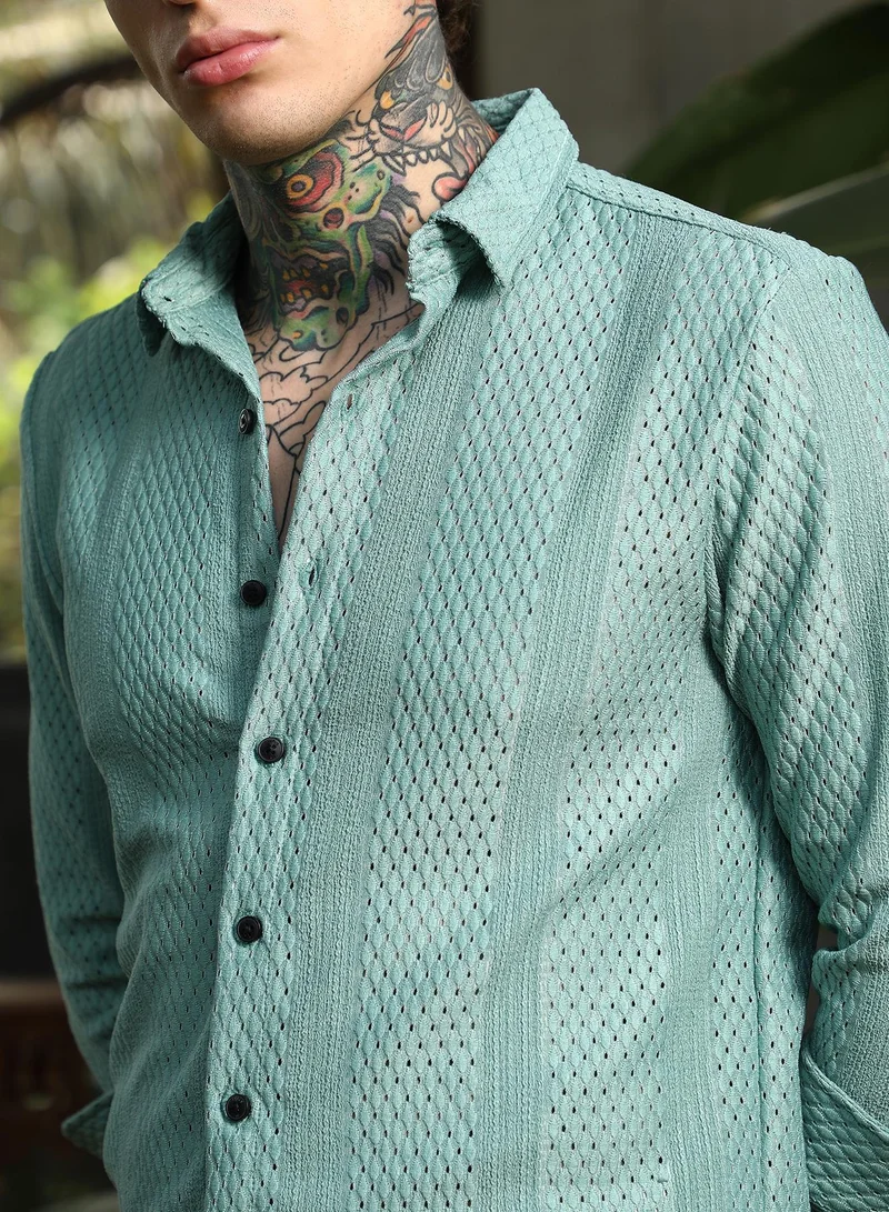 CAHOOT  Men's Seagreen Marquise-Panel Tactile Shirt for Men | Best Price UAE
