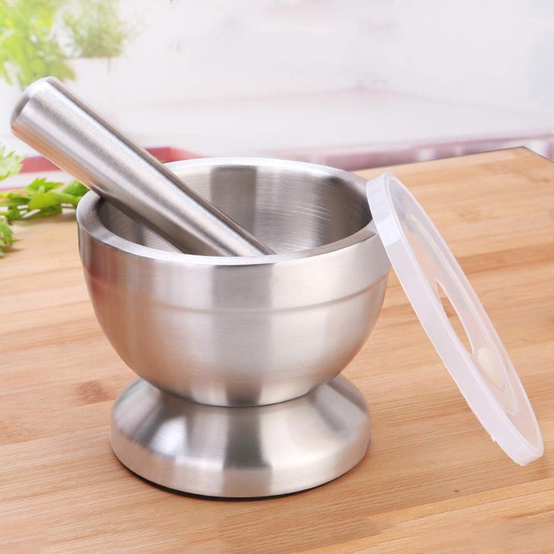 Stainless Steel Mortar and Pestle Set Pill Crusher, Spice Grinder with Anti Slip Base and lid for Garlic, Spices, Guacamole, Herbs, Medicine, Peppercorns, Cacao