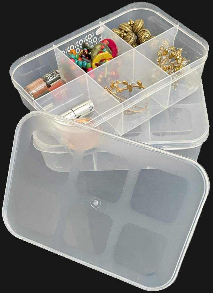 CSM Jewellery Case OrganizerCLICK6B2 Multipurpose Plastic Storage Box with dividers 6 Grids in Big size Transparent Pack of 2 Boxes Big Size - Image 1