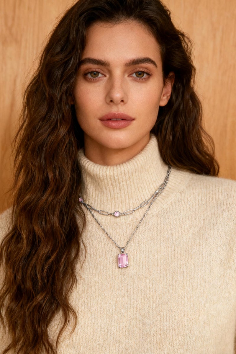 VANGETIMI Pink and Silver Layered Pendant Necklaces for Women Silver Plated Crystal Choker Necklace Paperclip Rhinestone Necklace Party Prom Jewelry - Image 4