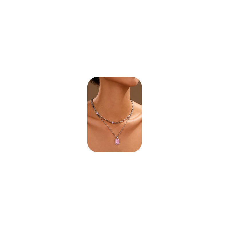 VANGETIMI Pink and Silver Layered Pendant Necklaces for Women Silver Plated Crystal Choker Necklace Paperclip Rhinestone Necklace Party Prom Jewelry - Image 1