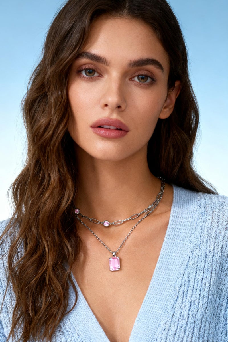 VANGETIMI Pink and Silver Layered Pendant Necklaces for Women Silver Plated Crystal Choker Necklace Paperclip Rhinestone Necklace Party Prom Jewelry - Image 3