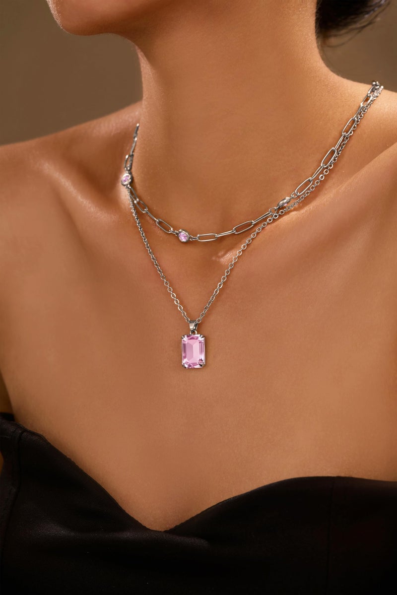 VANGETIMI Pink and Silver Layered Pendant Necklaces for Women Silver Plated Crystal Choker Necklace Paperclip Rhinestone Necklace Party Prom Jewelry - Image 2