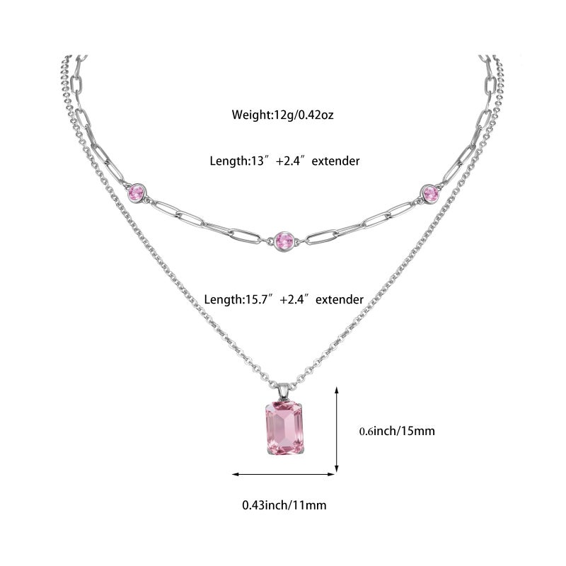 VANGETIMI Pink and Silver Layered Pendant Necklaces for Women Silver Plated Crystal Choker Necklace Paperclip Rhinestone Necklace Party Prom Jewelry - Image 5