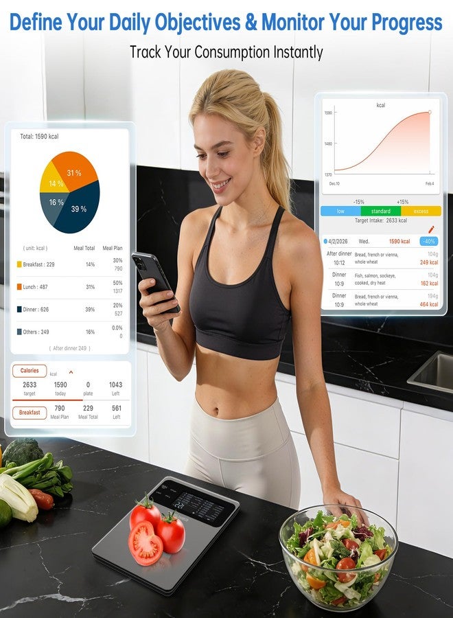 ERAVSOW Smart Food Kitchen Scale with Nutritional Calculator, 30 Nutrients App for Tracking Calories, Fat, Carbs & Protein, Personal Goals and Daily Reports, On-Screen Nutrient Info, 22lb/10Kg - Image 4