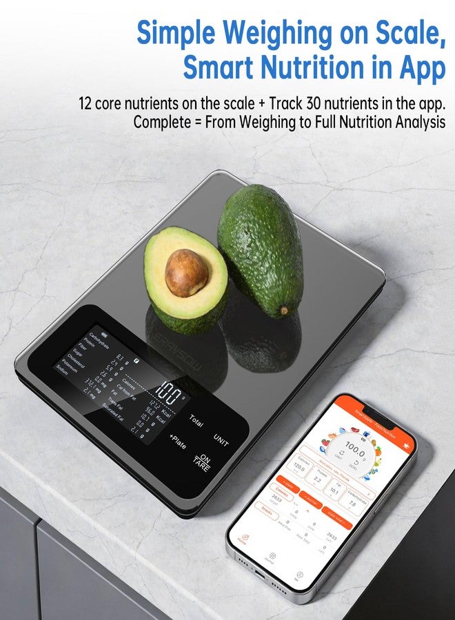 ERAVSOW Smart Food Kitchen Scale with Nutritional Calculator, 30 Nutrients App for Tracking Calories, Fat, Carbs & Protein, Personal Goals and Daily Reports, On-Screen Nutrient Info, 22lb/10Kg - Image 2
