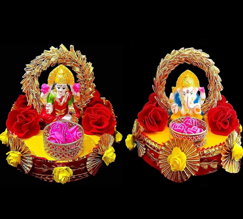 SELLPLUS Decorative Ganesh Ji Laxmi Ji Idol on Floral Gota Base Plate with Flowers for PoojaCar DashboardAarti Thali