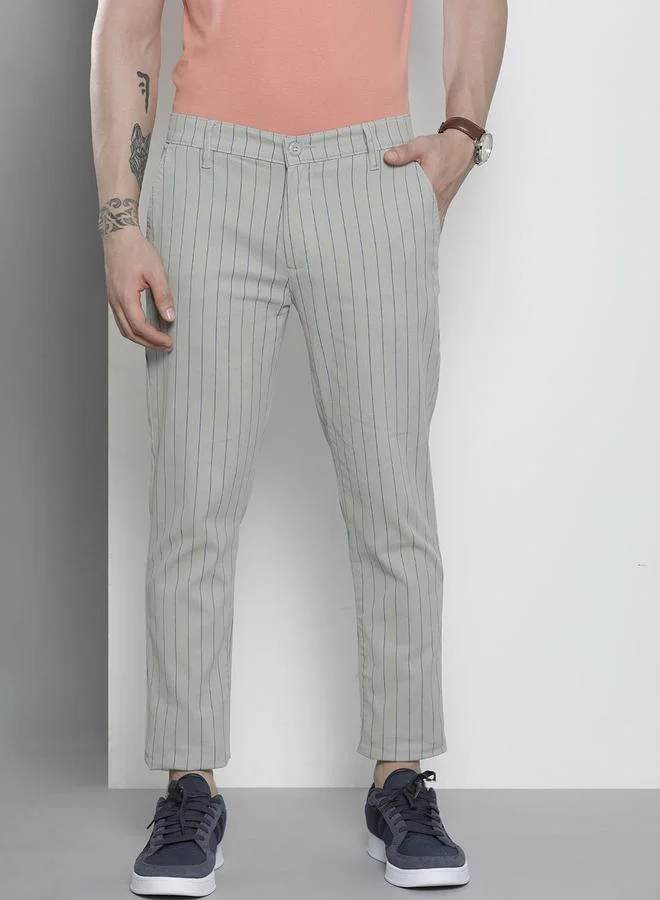 The Indian Garage Co The Indian Garage Co Men Grey Striped Slim Fit Chino Pants