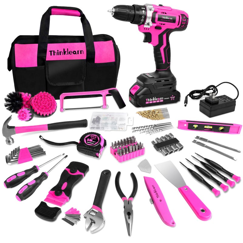 ThinkLearn Tool Kit with 20V Cordless Drill265inlbs Pink Drill Set for Women Ladys Home Tool Kit for DIY Daily Repair Tool Set as a Creative Gift with a LargeCapacity Tool Storage Bag