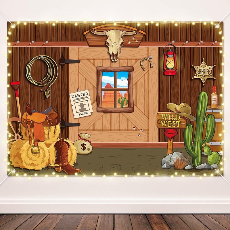 Moukeren خلفية رعاة البقر الغربية 7 × 5 قدم خلفية حفلة غربية زينة حفلة رعاة البقر القديمة خلفية منزل خشبي في الغرب المتوحش لالتقاط الصور لزينة حفلة عيد ميلاد حفلة استحمام الطفل - Image 1