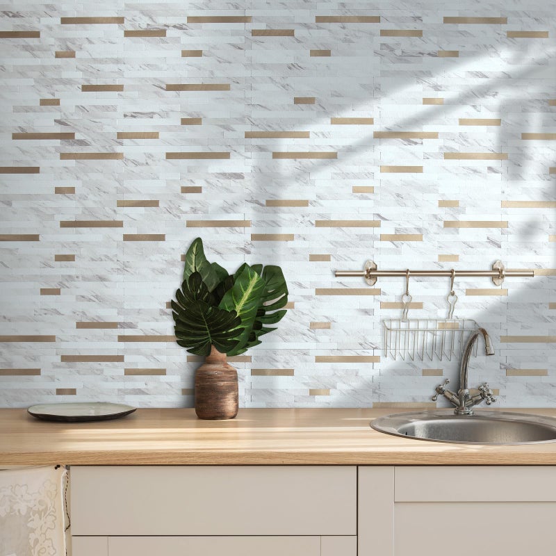 AULIGET 20 Sheets Faux Stone White Marble Peel and Stick Backsplash, PVC Mixed Metal Champagne Gold Wall Tile Stick on Backsplash for Kitchen and Bathroom - Image 2