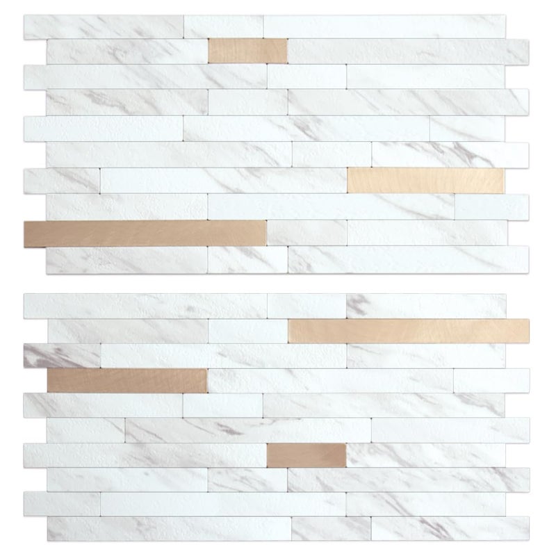 AULIGET 20 Sheets Faux Stone White Marble Peel and Stick Backsplash, PVC Mixed Metal Champagne Gold Wall Tile Stick on Backsplash for Kitchen and Bathroom - Image 1
