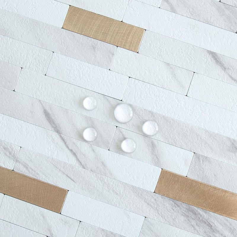 AULIGET 20 Sheets Faux Stone White Marble Peel and Stick Backsplash, PVC Mixed Metal Champagne Gold Wall Tile Stick on Backsplash for Kitchen and Bathroom - Image 3