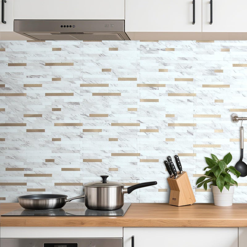 AULIGET 20 Sheets Faux Stone White Marble Peel and Stick Backsplash, PVC Mixed Metal Champagne Gold Wall Tile Stick on Backsplash for Kitchen and Bathroom - Image 5