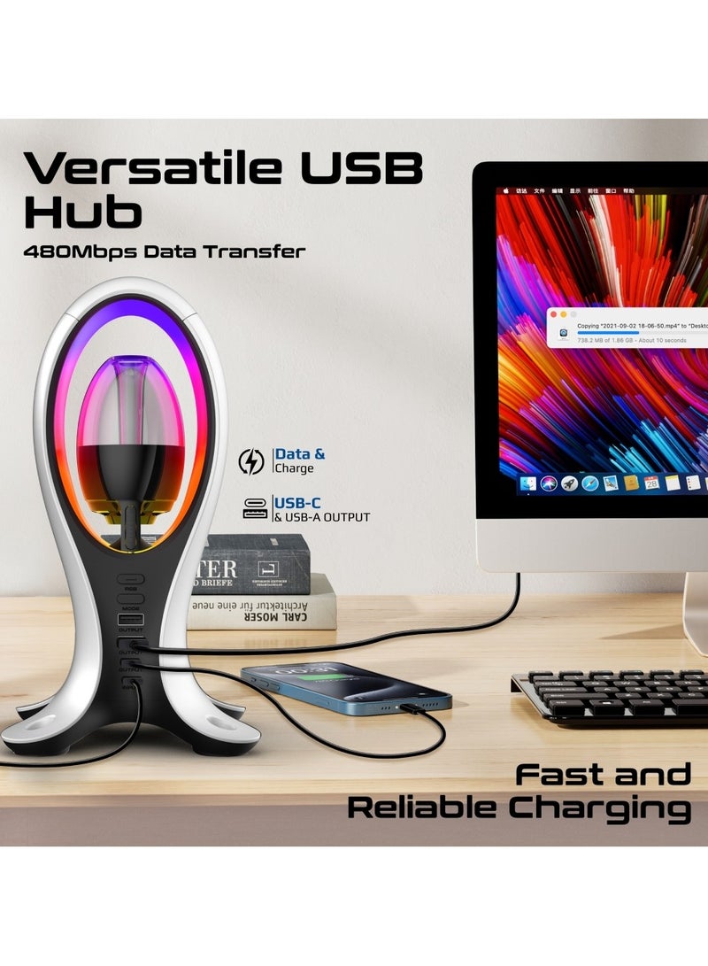PROMATE 4-In-1 TWS Speaker with Headset Stand and USB Hub, Fast 480Mbps Data Transfer, USB-C and Dual USB-A Ports, Omnidirectional Microphone, 11 Stunning RGB Lighting Modes, Ergonomic Design, Alpha-X White - Image 4