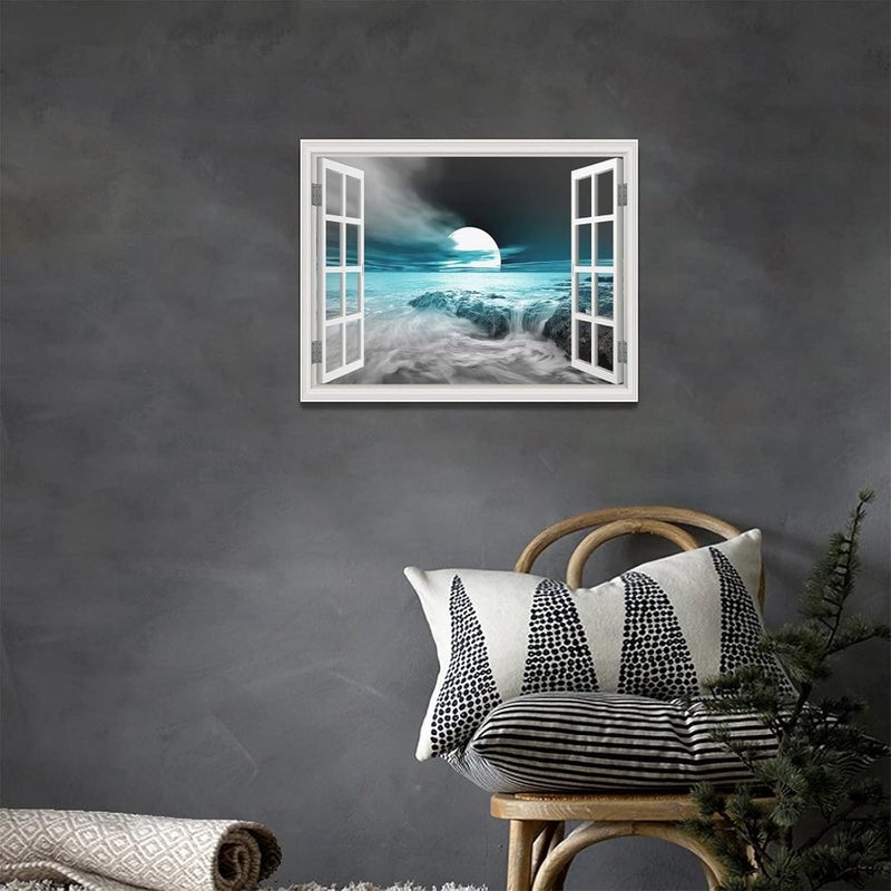 Tourrest Teal Coastal Wall Art Beach Moon Pictures Nautical Ocean Canvas Wall Decor Teal Bathroom Decor Framed Artwork for Bathroom Bedroom Living Room 16"x12" - Image 2