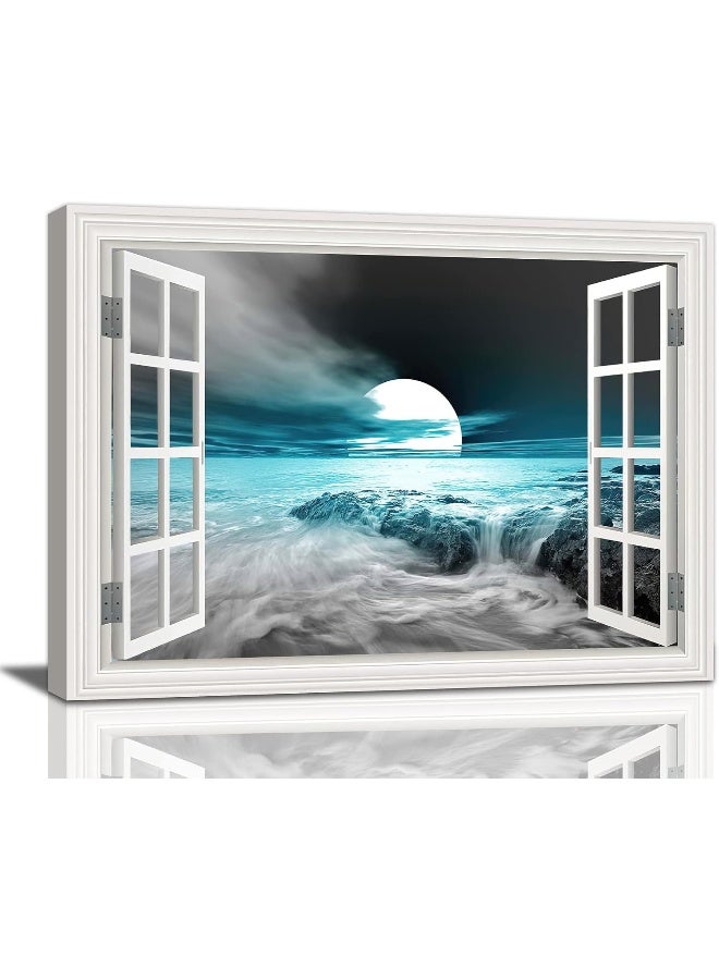 Tourrest Teal Coastal Wall Art Beach Moon Pictures Nautical Ocean Canvas Wall Decor Teal Bathroom Decor Framed Artwork for Bathroom Bedroom Living Room 16"x12" - Image 1