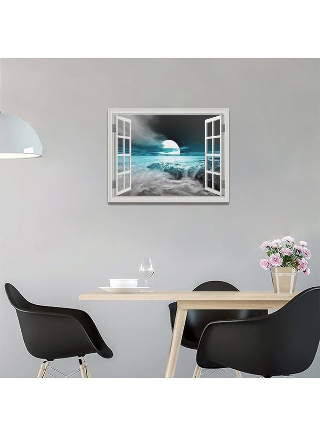 Tourrest Teal Coastal Wall Art Beach Moon Pictures Nautical Ocean Canvas Wall Decor Teal Bathroom Decor Framed Artwork for Bathroom Bedroom Living Room 16"x12" - Image 3