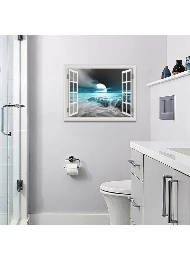 Tourrest Teal Coastal Wall Art Beach Moon Pictures Nautical Ocean Canvas Wall Decor Teal Bathroom Decor Framed Artwork for Bathroom Bedroom Living Room 16"x12" - Image 5