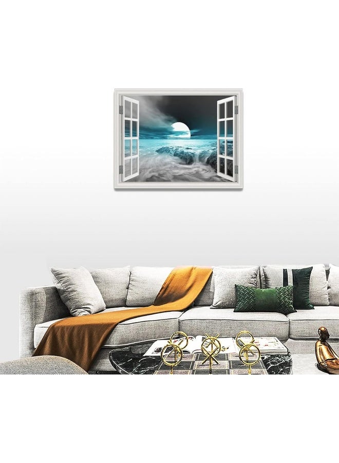Tourrest Teal Coastal Wall Art Beach Moon Pictures Nautical Ocean Canvas Wall Decor Teal Bathroom Decor Framed Artwork for Bathroom Bedroom Living Room 16"x12" - Image 4