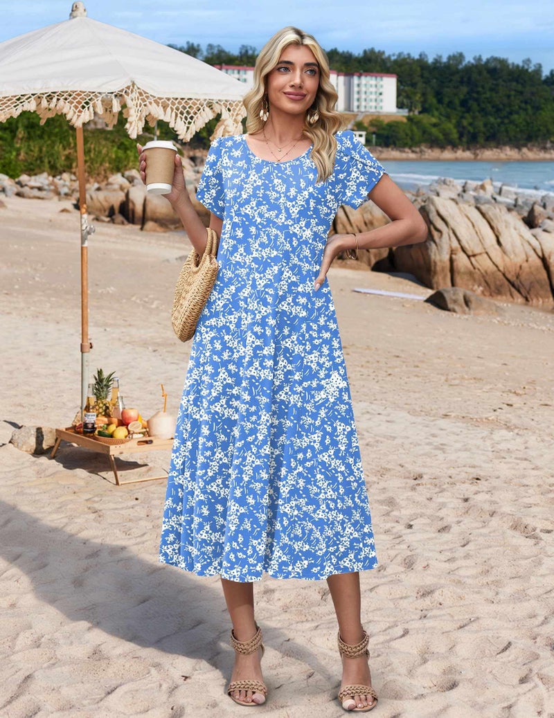 HOTOUCH Flowy Dresses for Women Spring Dress 2026 Boho Dresses Womens Short Sleeve Midi Summer Dress Casual A Line Sundress, Blue Floral 01,2XL - Image 4