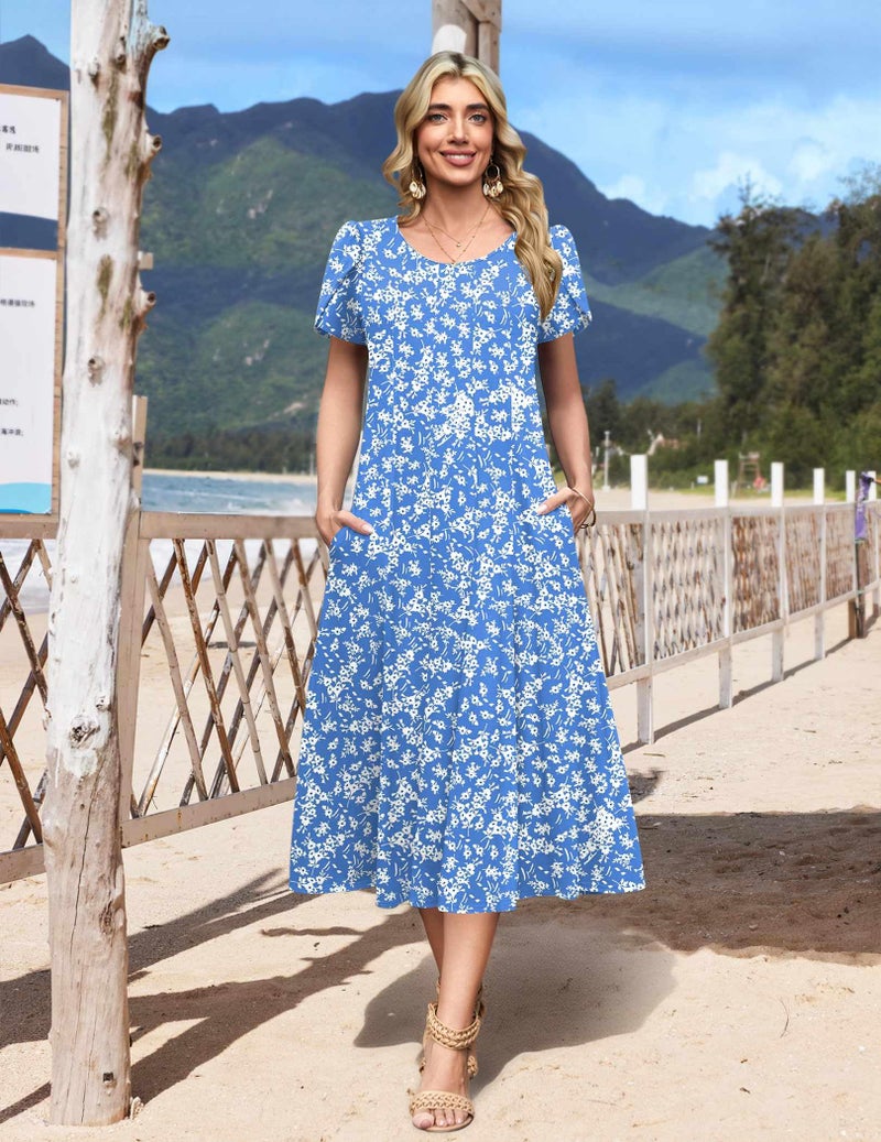 HOTOUCH Flowy Dresses for Women Spring Dress 2026 Boho Dresses Womens Short Sleeve Midi Summer Dress Casual A Line Sundress, Blue Floral 01,2XL - Image 3