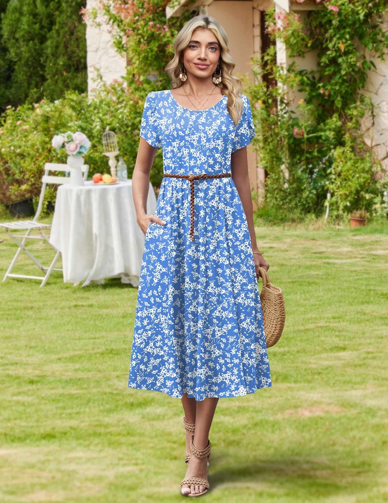 HOTOUCH Flowy Dresses for Women Spring Dress 2026 Boho Dresses Womens Short Sleeve Midi Summer Dress Casual A Line Sundress, Blue Floral 01,2XL - Image 5