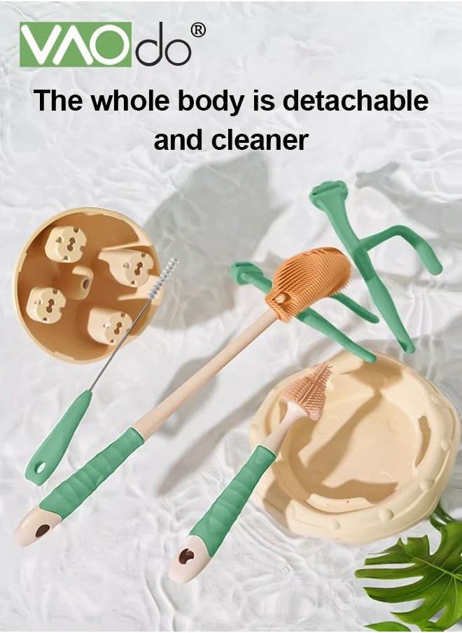 5PCS Baby Bottle Drying Rack and Brush Rotating Silicone Bottle Brush with Long Handle Bottle Drying Rack with Bottle Cleaner Brush & Nipple & Straw Cleane Green