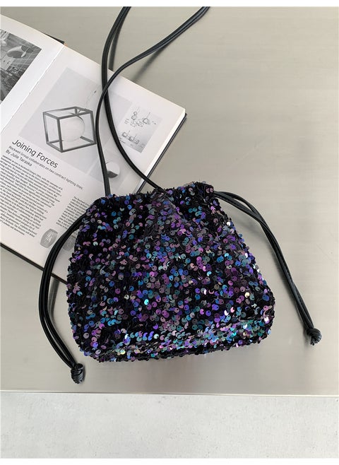 New Drawstring Bucket Crossbody Bag with Sequins for Women color blue