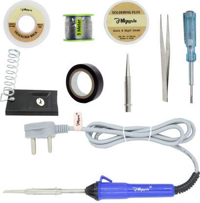 Hillgrove 9in1 Basic 25W Soldering Iron Kit with 5 Meter Solder Wire, Flux, Tester, Tape, Stand, Bit, Wick 25 W Simple (Flat, Pointed Tip) - Image 1