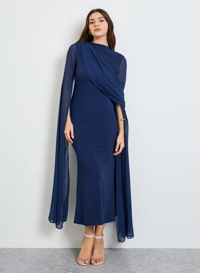 تايك تو Navy Blue Slit Sleeve Draped Maxi Dress