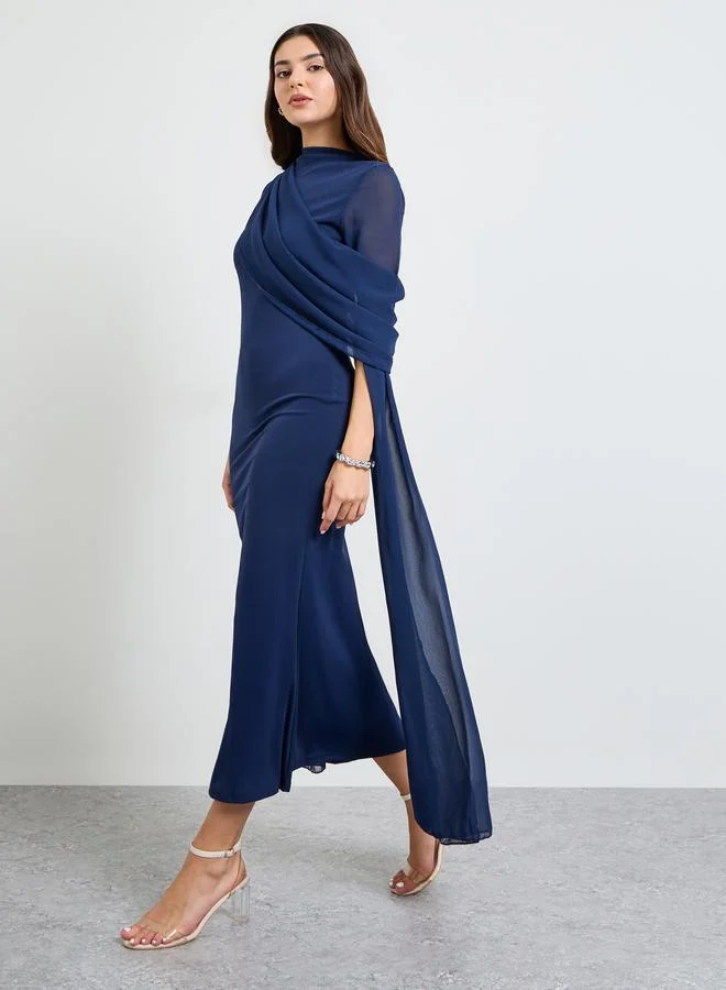 تايك تو Navy Blue Slit Sleeve Draped Maxi Dress