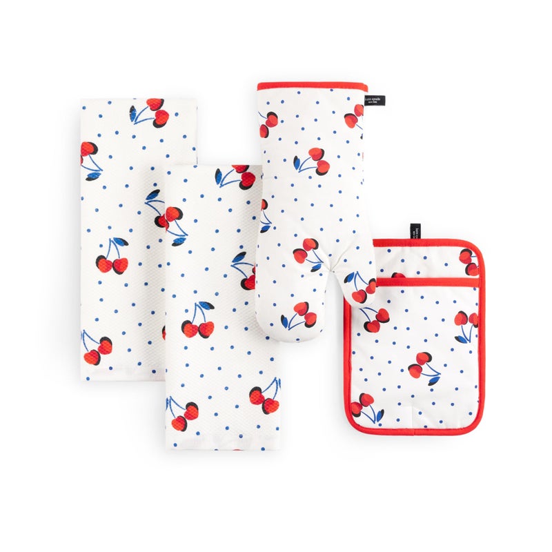 Kate Spade New York Cherry Dot Kitchen Towel, Oven Mitt & Pot Holder 4-Pack Set, 17" x 28", 7" x 13", 7" x 10", White/Red/Blue - Image 1