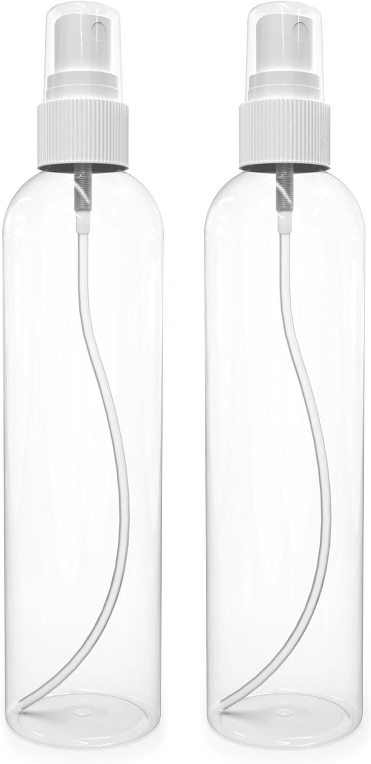 BRIGHTFROM Fine Mist Spray Bottles 8 OZ, Empty Refillable Containers - Essential Oils, Disinfectant Spray, Water 2 PACK (Clear, White Mist)