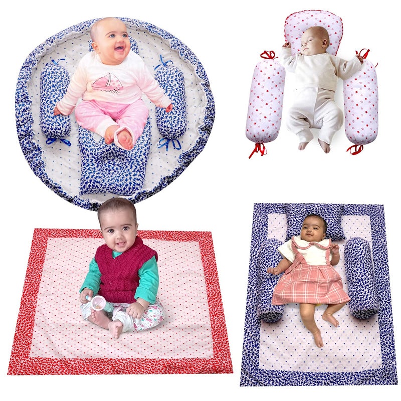 creative textiles New Born Baby Bed & Sleeping Combo 4 Gift Set (Red,Blue and White Printed) - Image 1