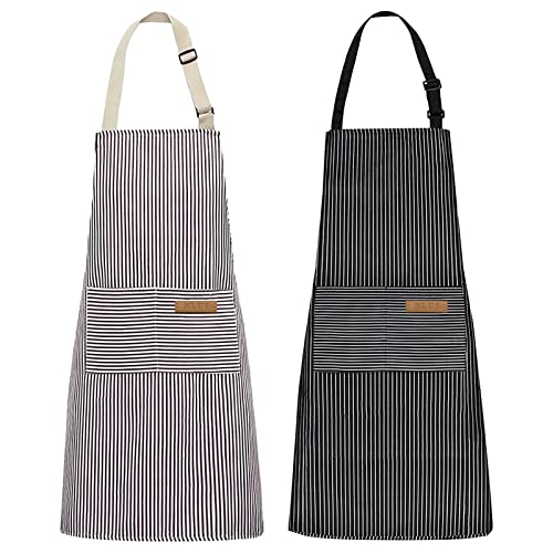 NLUS 2 Pack Kitchen Cooking Aprons, Adjustable Bib Soft Chef Apron with 2 Pockets for Men Women (Brown/Dark Black Strips) - Image 1