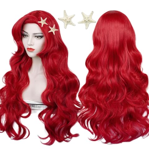 Red Curly Wig  Max Beauty Red Mermaid Cosplay Wigs for Woman with Starfish Hair Clips Adult Long Hair Daily Wig Heat Resistant Synthetic Fiber for Halloween for Cosplay for Christmas Red 1