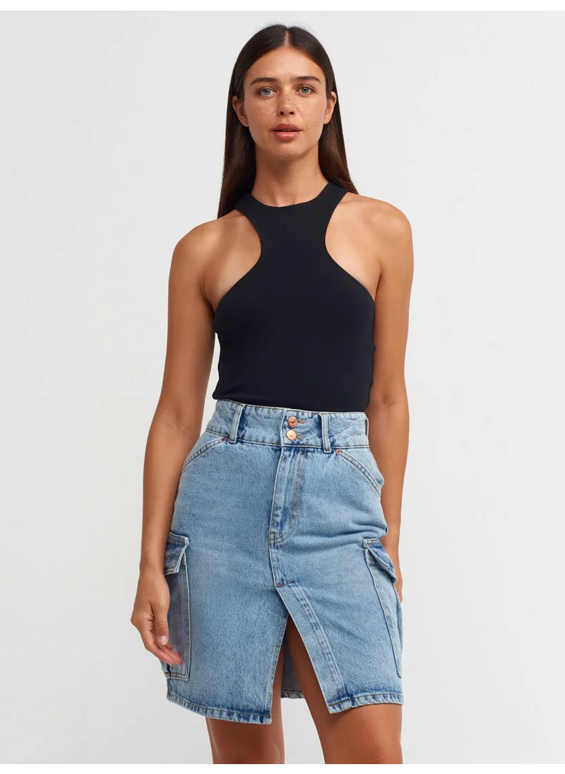 ديلفين 80548 Midi Denim Skirt with Side Pockets-Blue