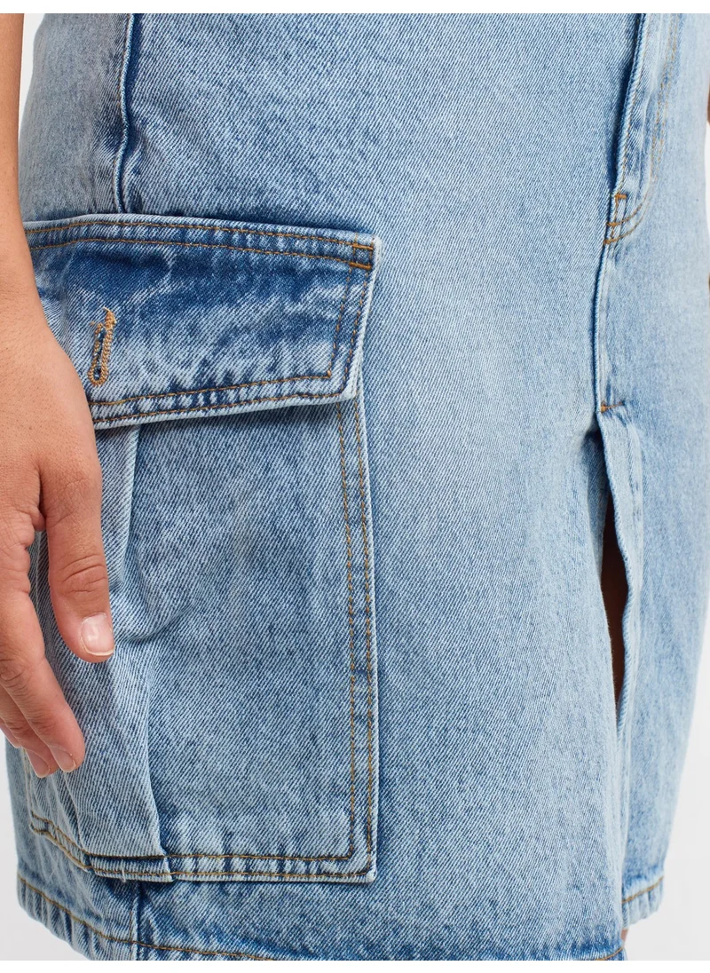 ديلفين 80548 Midi Denim Skirt with Side Pockets-Blue