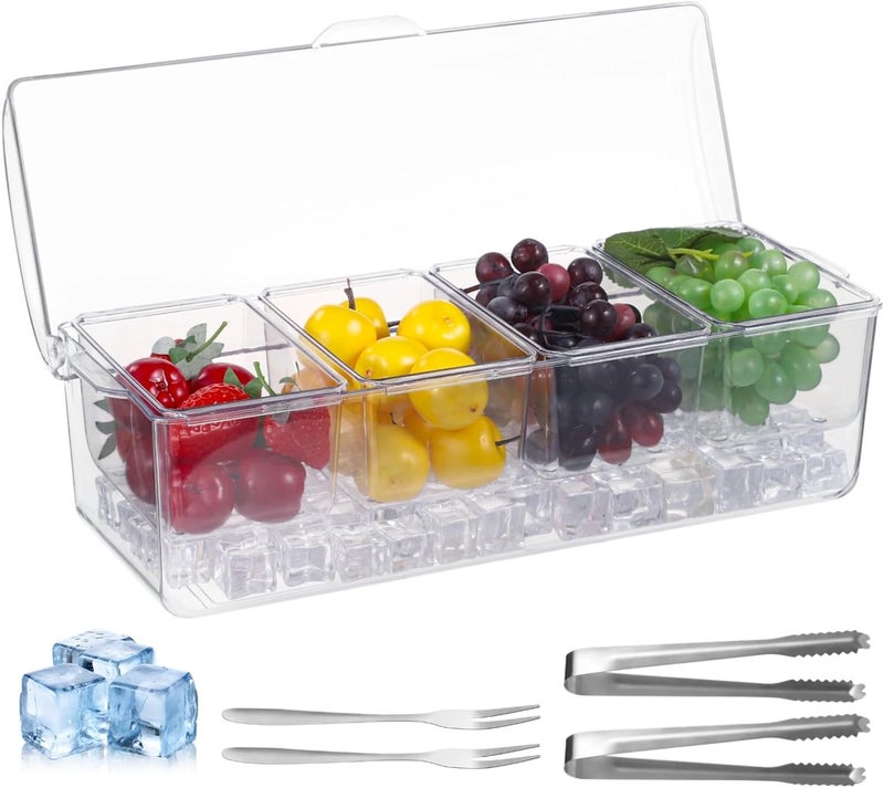 Clear Condiment Server with Ice Trays & Lid, 4 Compartment Bar Garnish Holder, Salad Storage Box for Parties & Picnics - Image 1